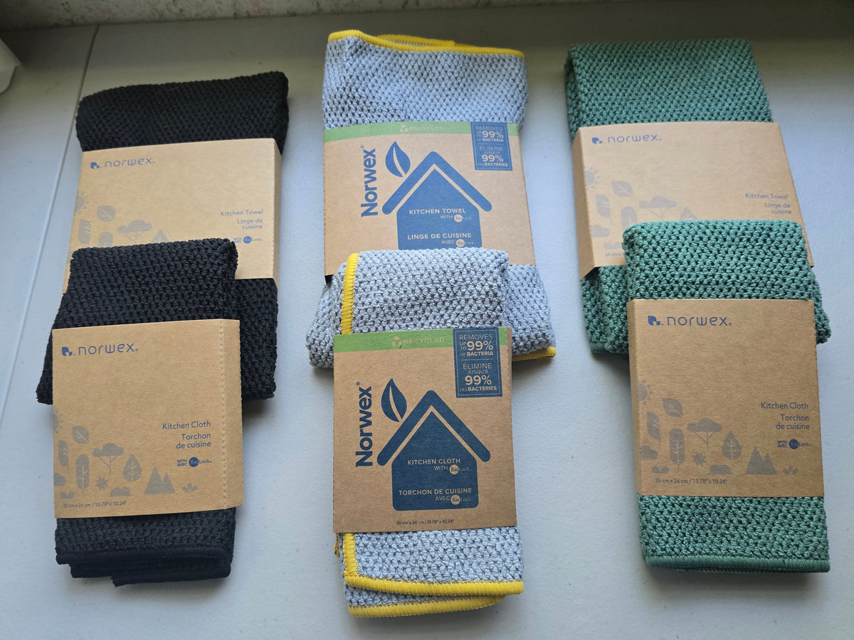 Norwex Diamond Textured Kitchen Towel and Cloth Sets - all three colors on shelf