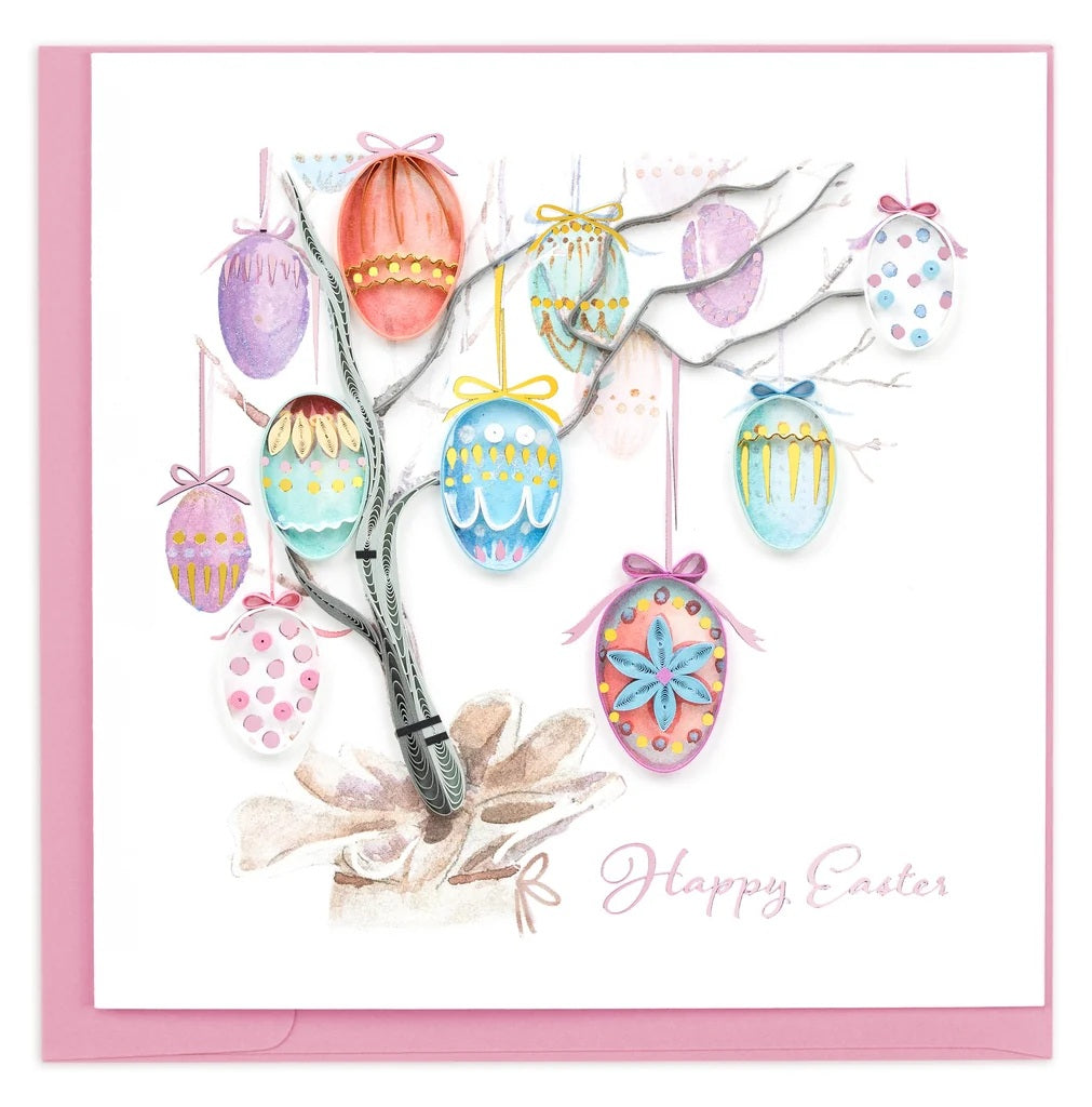 Quilled Easter Tree Greeting Card — colorful decorated Easter eggs hanging from bare branches with dimensional paper quilling details and Happy Easter script, pink envelope included