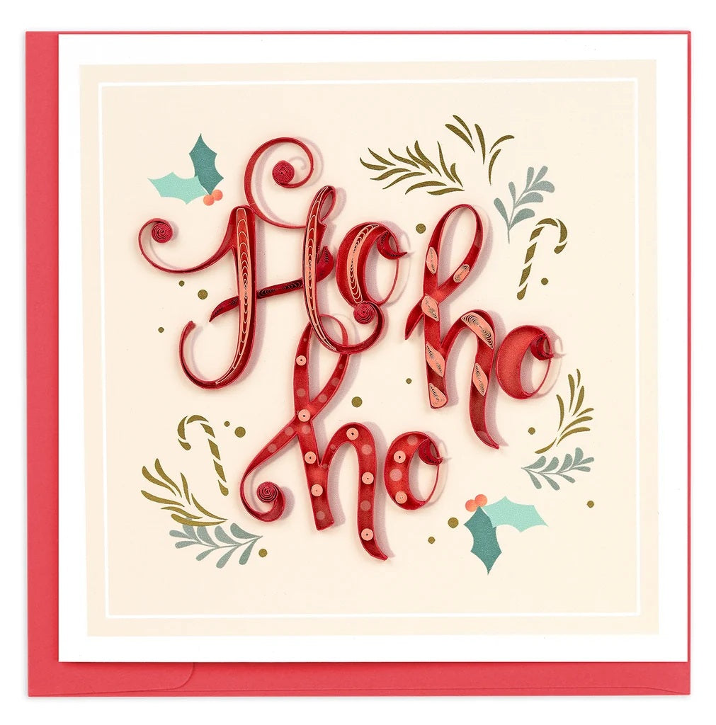 Quilled Ho Ho Ho Christmas Greeting Card — dimensional red paper quilling lettering with holly, candy canes, and festive greenery accents on a cream background with red envelope