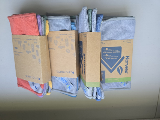 Norwex Travel Pack - Blue Gray Green and Coral Purple Yellow assortments in packaging