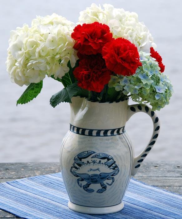 Blue Crab Hand Painted Stoneware 48 oz. Large Pitcher.