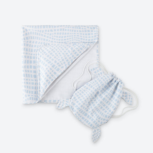 Norwex Kids Hooded Beach Towel with Drawstring Bag Sea Turtle - towel and bag flat lay
