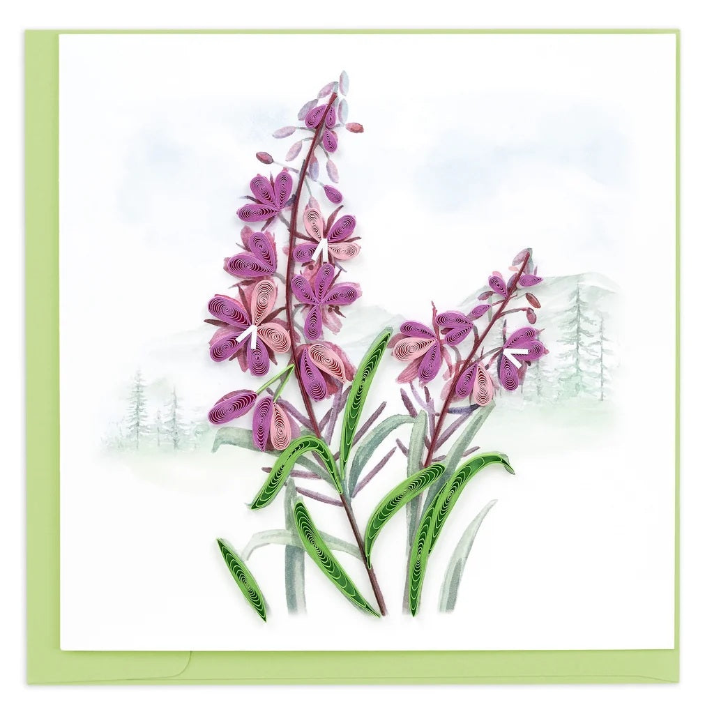 Quilled Alaskan Fireweed Wildflowers Greeting Card — handcrafted paper quilling with pink and purple blooms on tall stalks against a soft mountain landscape background