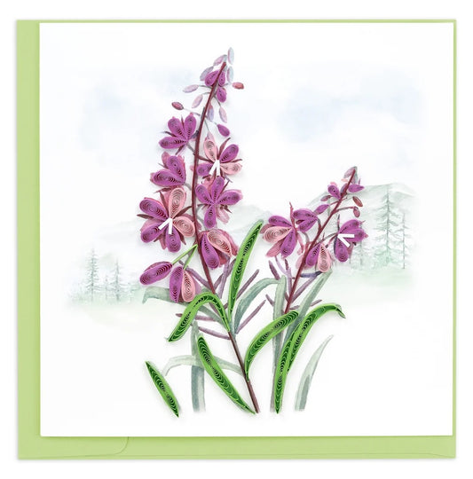 Quilled Alaskan Fireweed Wildflowers Greeting Card — handcrafted paper quilling with pink and purple blooms on tall stalks against a soft mountain landscape background