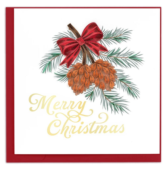 Quilled Merry Christmas Pinecone Greeting Card — dimensional paper quilled pinecones with evergreen branches and red bow, Merry Christmas in gold script, red envelope included
