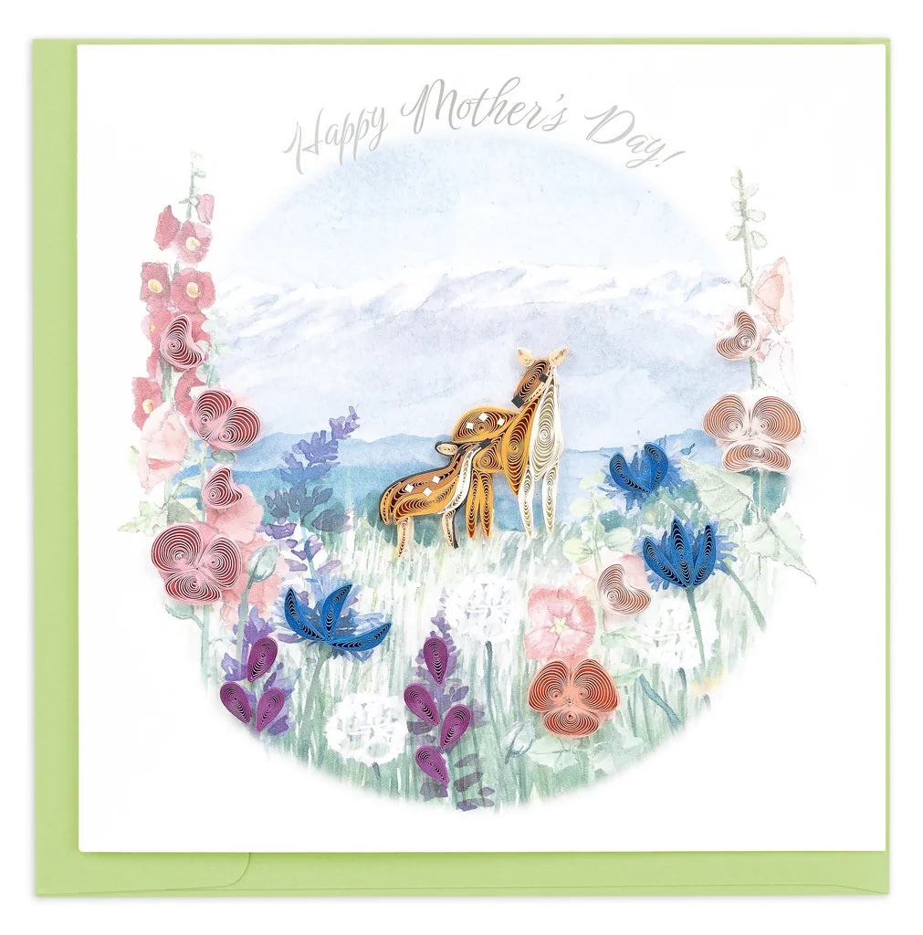 Quilled Mother's Day Meadow Greeting Card — mother deer and fawn surrounded by dimensional quilled wildflowers in pink, purple and blue with Happy Mother's Day script, green envelope