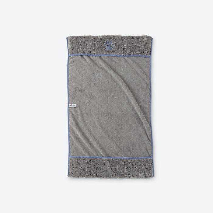 Norwex Pet Towel - graphite with blue trim folded showing hand pockets and paw print