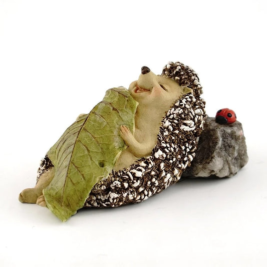 Fairy Garden Hedgehog Sleeping with Leaf Blanket