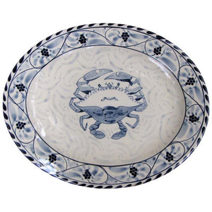 Blue Crab Hand Painted Stoneware 15 inch Oval Platter.