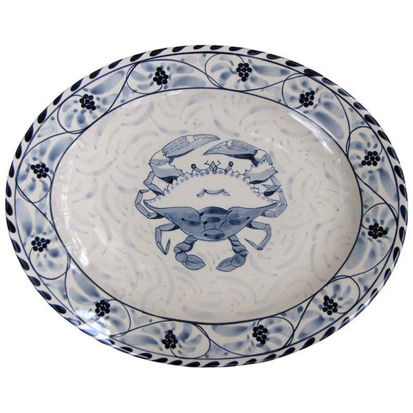 Blue Crab Hand Painted Stoneware 15 inch Oval Platter.