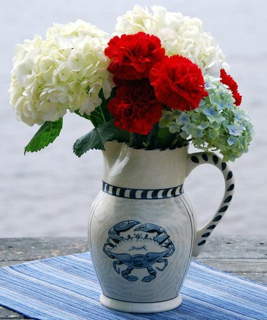 Blue Crab Hand Painted Stoneware 48 oz. Large Pitcher.