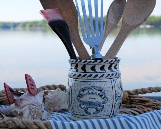 Blue Crab Hand Painted Stoneware Utensil Holder.