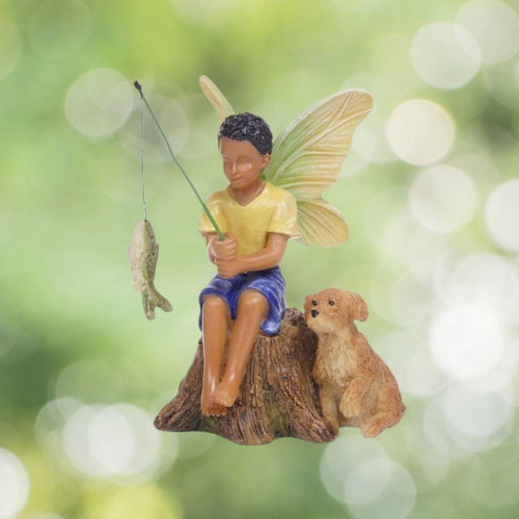 Gone Fishin' Miniature Fairy Garden Boy Fishing w/Dog Figurine