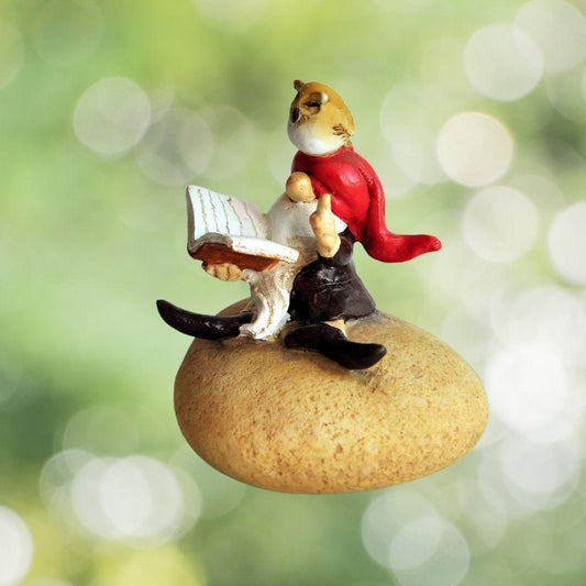 Garden Gnome Reading Book with Owl.